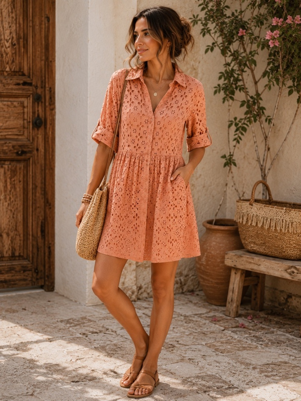 Outback Red Peach Eyelet Collared Short-Sleeve Midi Dress